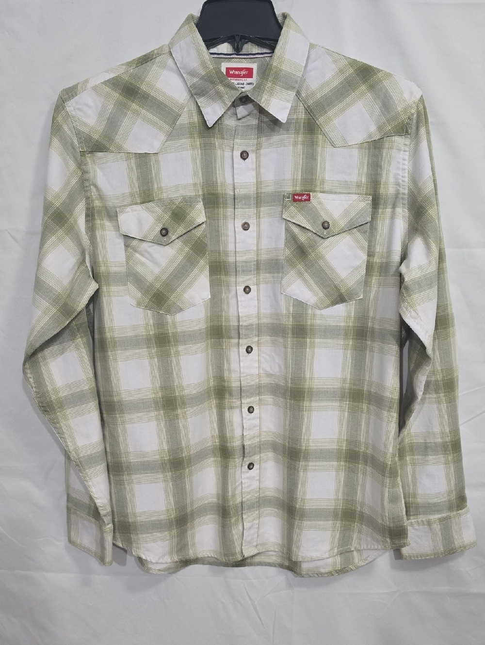 Wrangler Men's Lg Green White Plaid Button Down Shirt Chest Pockets Logo - Picture 1 of 10